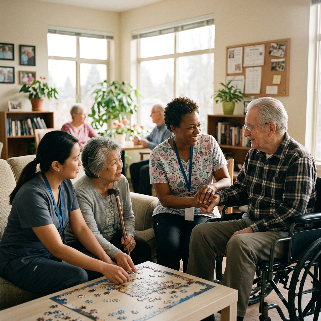 Caregivers and seniors gather around a jigsaw puzzle in a community room