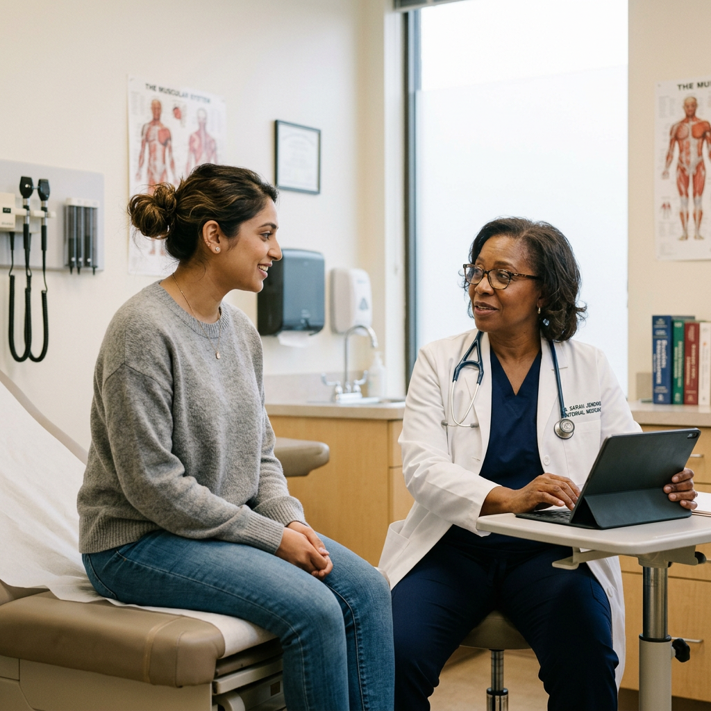 Doctor speaking with a seated patient while reviewing a tablet in an exam room